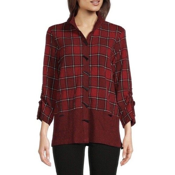 Ali Miles Tunic Top Small Plaid Wire Collar 3/4 Cinched Oversized Red Lagenlook - Picture 1 of 7